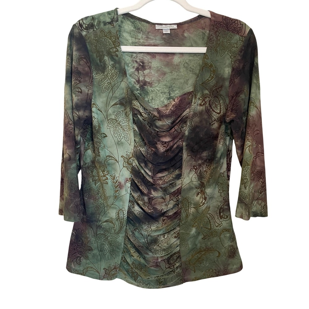 Dressbarn Vtg Y2K Forest Fairy Top Size L Green Brown Velvet Flocked‎ Floral